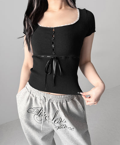 フロントリボンスクエア半袖ニットトップス / front ribbon square short sleeve knit tops