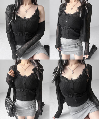 【 2点セット 】フロントレースシアーニットキャミソール ＋カーディガン SET / front lace sheer knit camisole + cardigan set