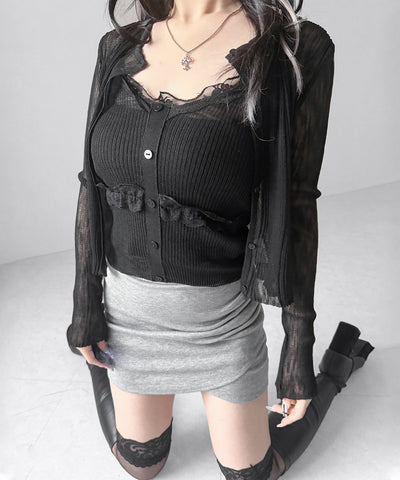 【 2点セット 】フロントレースシアーニットキャミソール ＋カーディガン SET / front lace sheer knit camisole + cardigan set