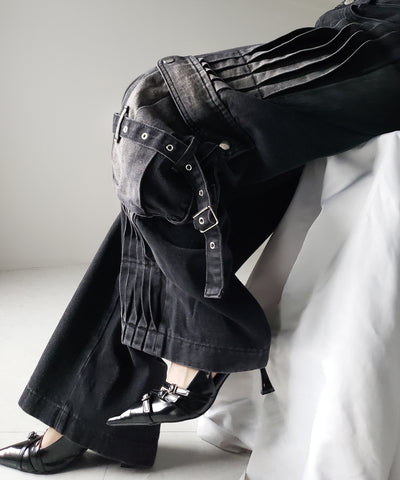 【 ４size 】カーゴプリーツブラックヴィンテージワイドデニム ／cargo pleated black vintage wide denim
