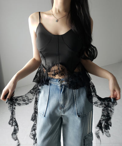 【 ２color 】レースフリルレイヤードビスチェキャミソール ／ lace frill layered bustier camisole