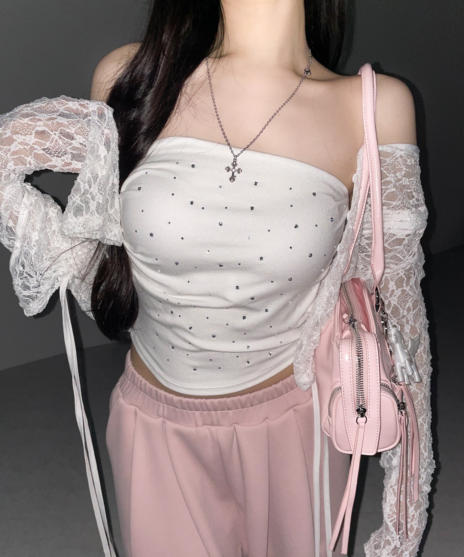ラインストーンスリムフィットベアトップ ／ Rhinestone slim fit bare top