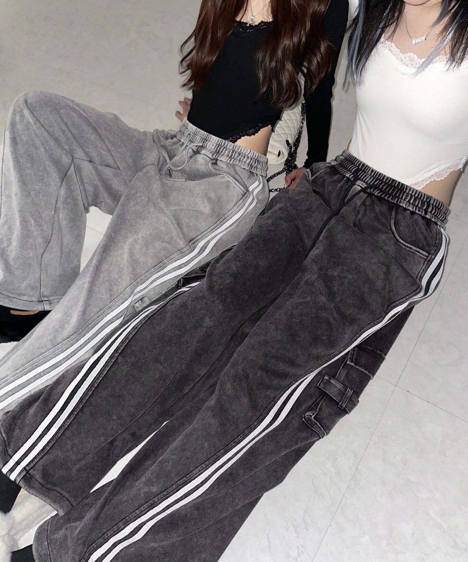 【 裾絞り可能２WAY 】サイドラインピグメントワイドカーゴスウェットパンツ ／ sideline pigment wide cargo sweatpants