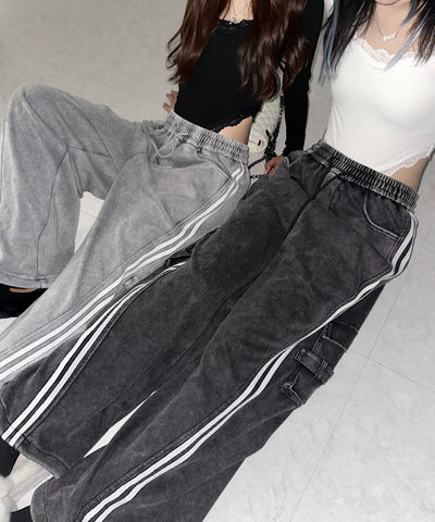 【 裾絞り可能２WAY 】サイドラインピグメントワイドカーゴスウェットパンツ ／ sideline pigment wide cargo sweatpants