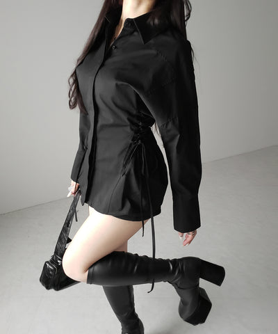 レースアップサイドリボンスリムラインシャツ ／ lace up side ribbon slim line shirt
