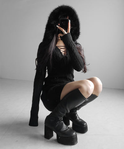 ファーフーディレースアップレディニットミニワンピース ／ fur hoodie lace up lady knit mini onepiece
