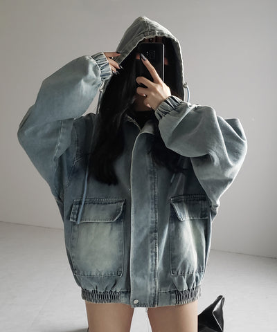 【 ２color 】ヴィンテージデニムダブルジップフードブルゾン ／ vintage denim double zip hoodie blouson