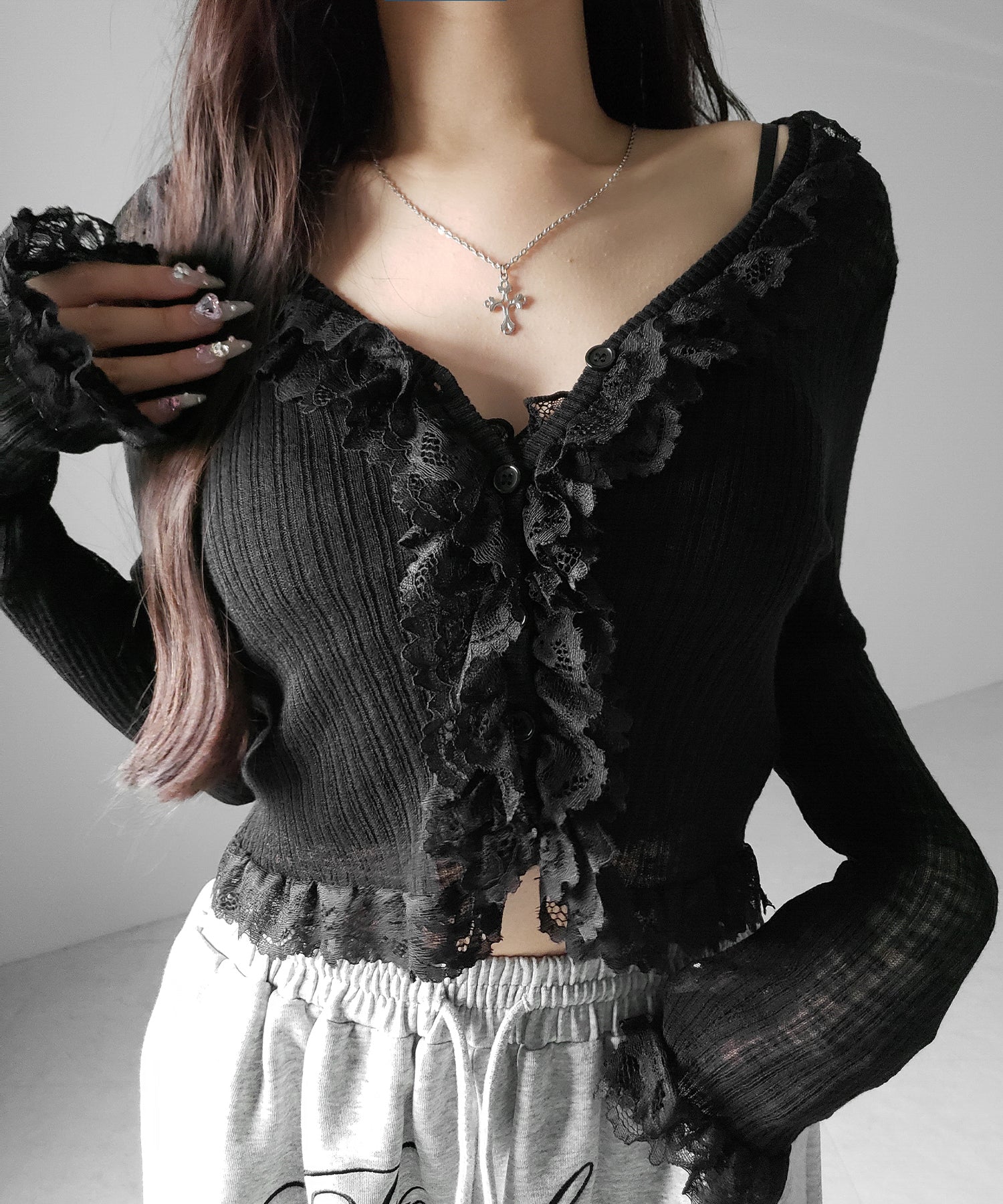 レースフリルシアーニットカーディガン ／ lace frill sheer knit cardigan