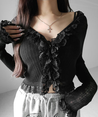 レースフリルシアーニットカーディガン ／ lace frill sheer knit cardigan