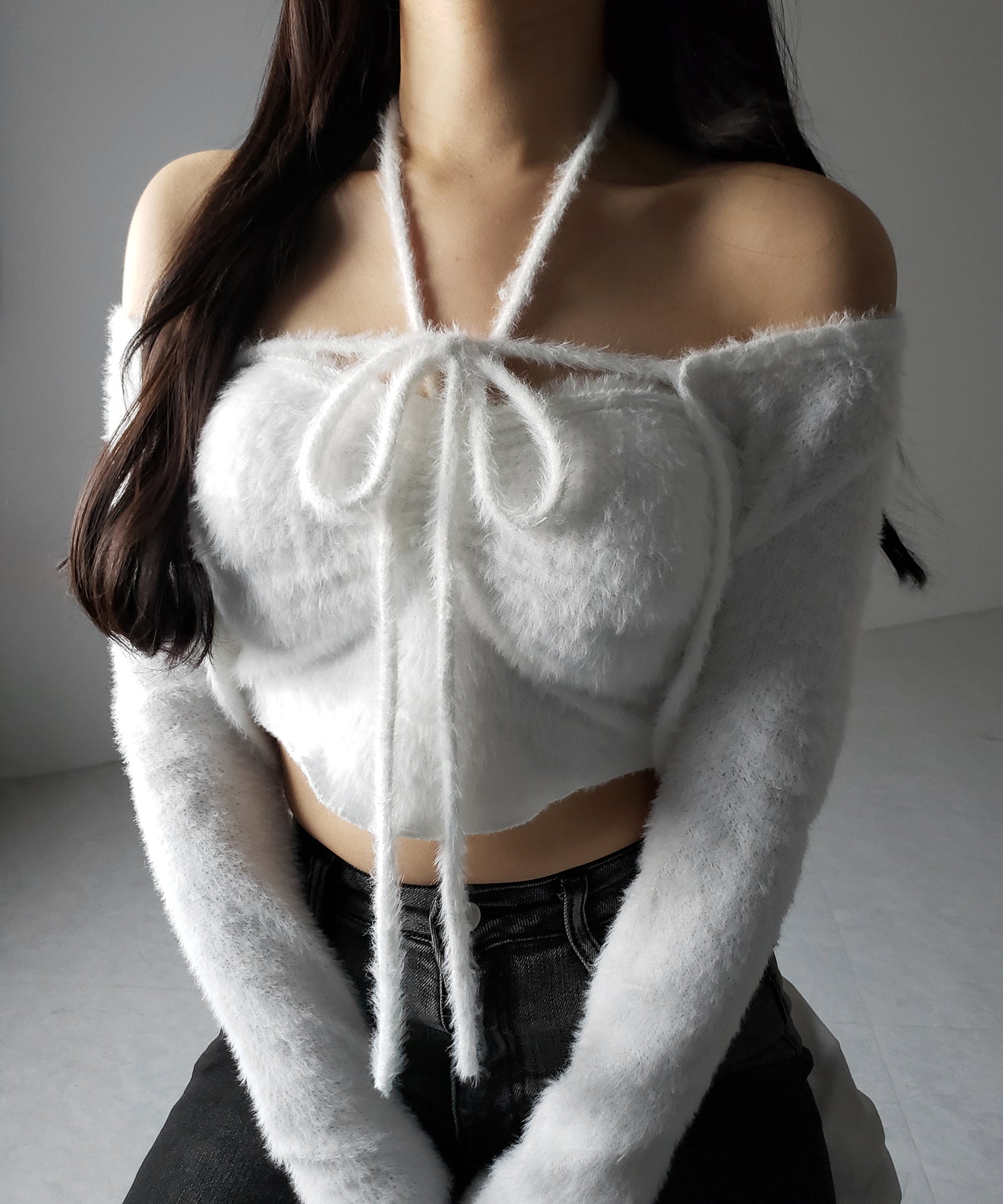 【 ２点セット 】シャギーリボンベアトップス ＆ ショートシャギーカーディガン SET ／ Shaggy ribbon bare tops & short shaggy cardigan