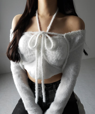 【 ２点セット 】シャギーリボンベアトップス ＆ ショートシャギーカーディガン SET ／ Shaggy ribbon bare tops & short shaggy cardigan