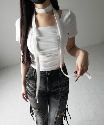 【 ２WAY 】チョーカーロングタイ付き スクエアネックギャザースリムＴシャツ ／ choker long tie SET square neck gather slim sleeve T-shirt