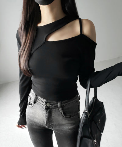 【 ３color 】ショルダーカットアウトストラップリブトップス ／ shoulder cutout strap lib tops