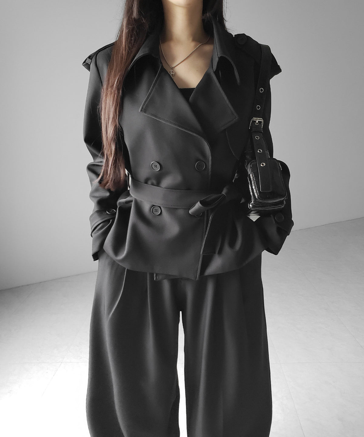 【 上下セットアップ 】ウエストマークショートトレンチコート ＋ タックワイドスラックスパンツ SETUP ／ Waist-mark short trench coat + tuck wide slacks pants
