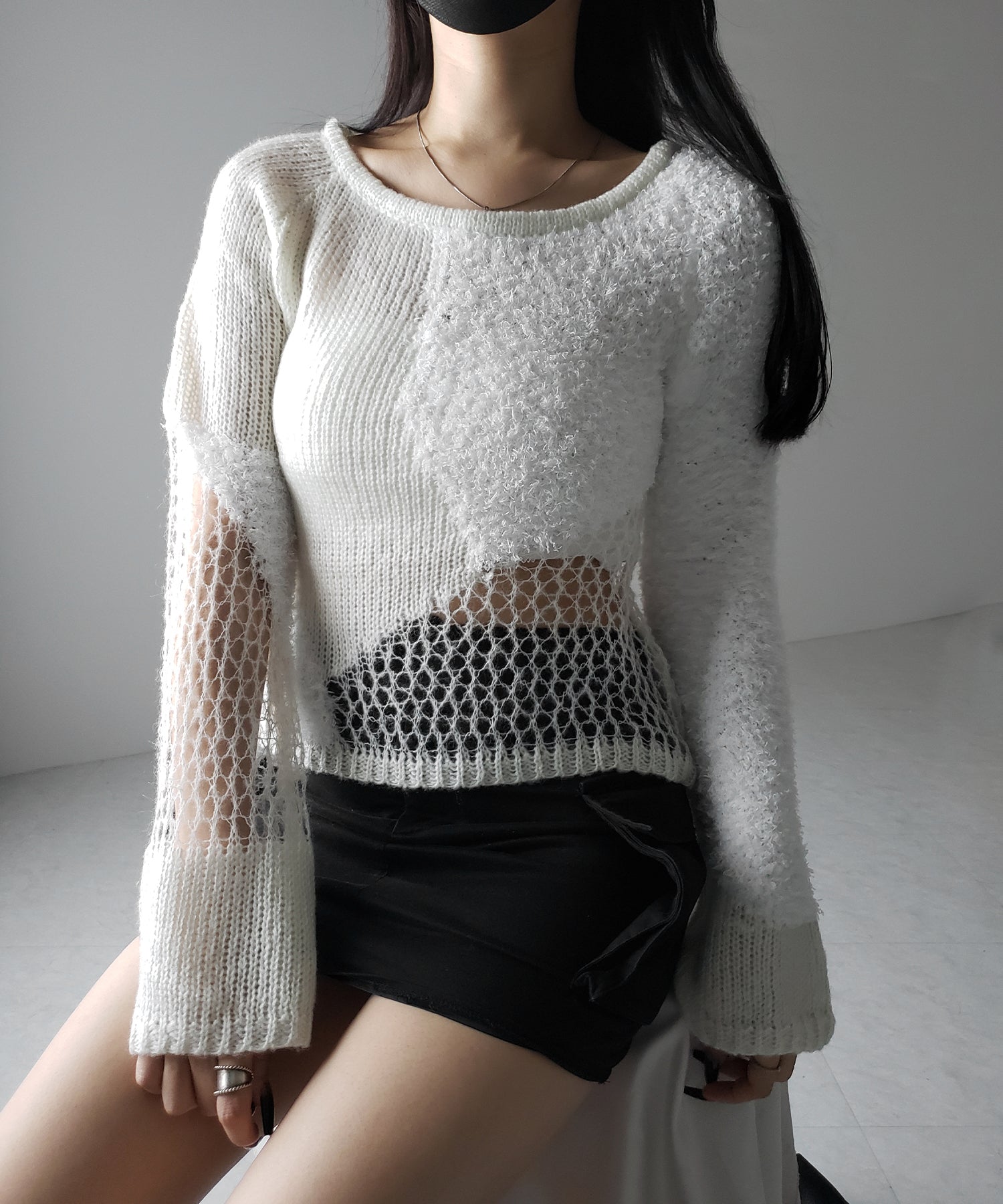【 ２color 】異素材ドッキングスカシアミニットトップス ／ mixed material docking openwork knit tops