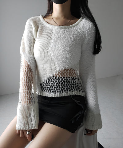 【 ２color 】異素材ドッキングスカシアミニットトップス ／ mixed material docking openwork knit tops