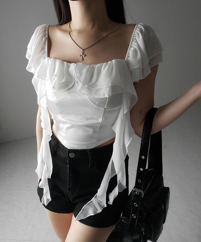 【 ２color ／ ２WAY 】シアーフリルコルセットサテンショートブラウス ／ sheer frill corset satin short blouse