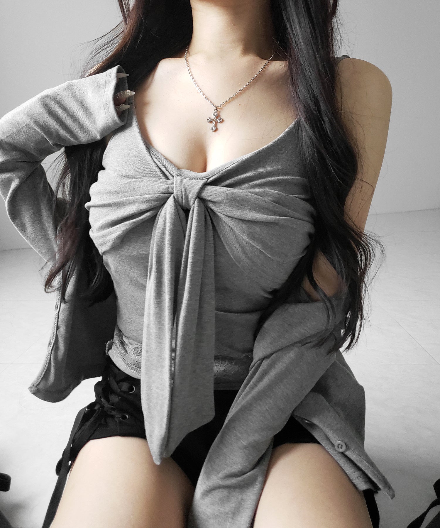【 ２点セット 】リボンカットソーキャミソール ＋ カーディガンセット ／ribbon cutsew camisole + cardigan SET