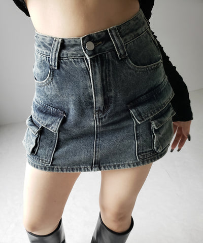 【 ３size ／ ２color 】ダブルポケットヴィンテージカーゴデニムミニスカパン ／ double pocket vintage cargo denim mini skirt pants
