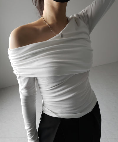 【 ２color ／ 裏起毛 】ワンショルダードレープギャザースリムトップス ／ One-shoulder draped gather slim tops