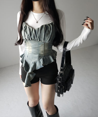 【 ２点セット 】ヴィンテージデニムビスチェ ＆ レイヤードＴシャツセット ／ vintage denim bustier & layered Ｔ-shirts set