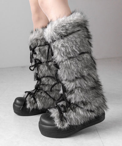 ボリュームフェイクファーレースアップロングブーツ ／ volume fake fur laceup long boots
