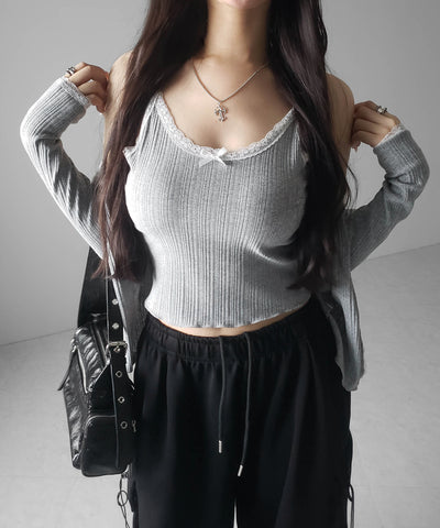 【 ２点セット 】フロントリボンレース切替リブキャミソール ＋ カーディガンセット ／front ribbon lace lib camisole + cardigan SET