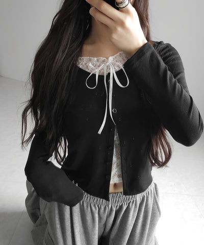 フロントリボンレースレイヤード長袖リブカーディガン ／front ribbon lace layered long-sleeve rib cardigan