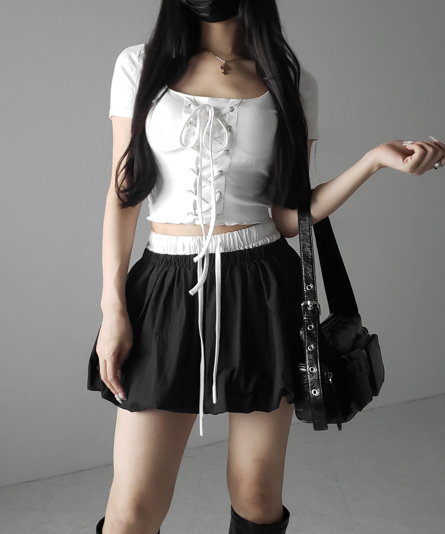 【 ２color ／インパン裏地付き 】フェイクレイヤードコットンバルーンミニスカート ／ fake layered cotton balloon mini skirt