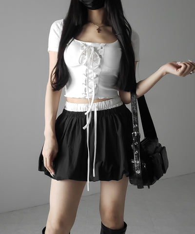 【 ２color ／インパン裏地付き 】フェイクレイヤードコットンバルーンミニスカート ／ fake layered cotton balloon mini skirt