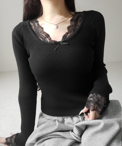 フロントリボンレース切替リブニットトップス ／ front ribbon lace switching ribbed knit tops