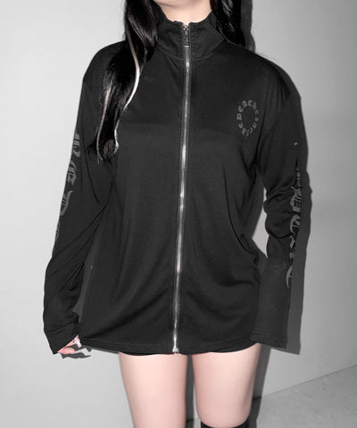 グランジロゴスタンドジップアップオーバーシアートップス ／ grunge logo stand zipup over sheer tops