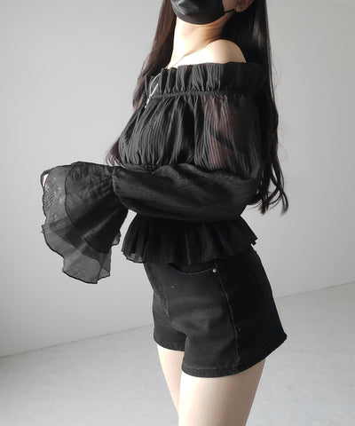 【 ２color ／ ２WAY 】ウエストシャーリングシアーフリルオフショルブラウス ／ waist shirring sheer frill off shoulder blouse