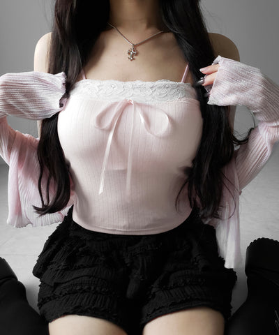 フロントリボンレースショートキャミソール ／ front ribbon lace short camisole