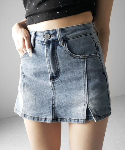 ミニスリットストレッチレイヤードデニムミニスカパン ／ mini slit stretch layered denim mini skirt pants