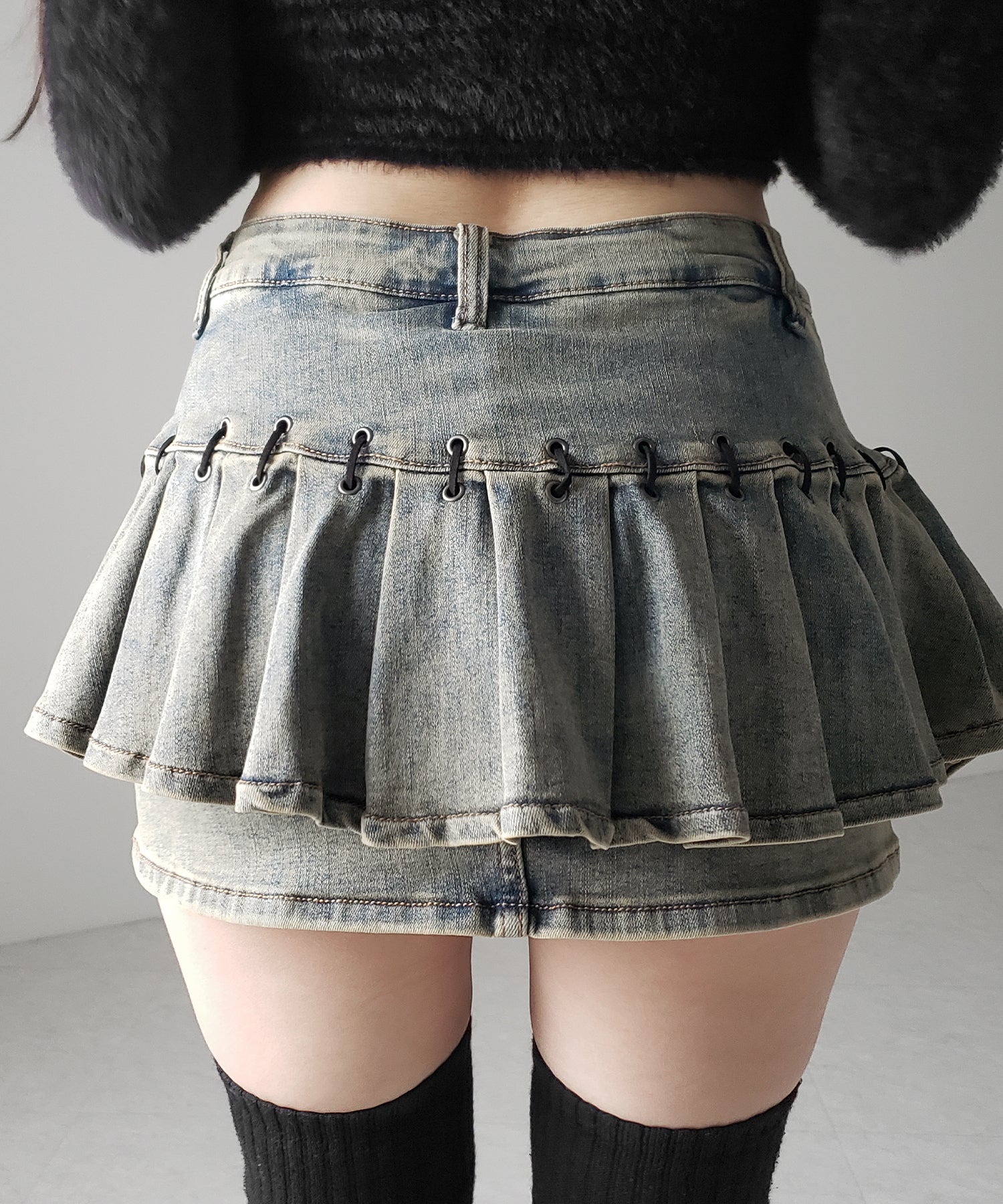 【 インパン裏地付 】ベルテッドマイクロプリーツデニムミニスカパン ／ belted micro pleats denim skirt pants