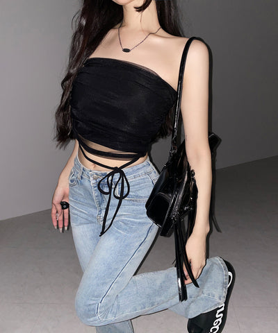 ウエストクロスチュールドッキングベアトップ ／ waist cross tulle docking bare top
