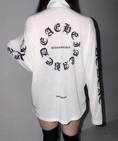 グランジロゴスタンドジップアップオーバーシアートップス ／ grunge logo stand zipup over sheer tops