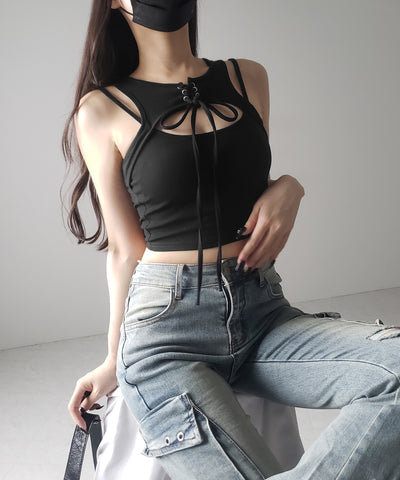 【 ２color 】レースアップリボンカットアウトリブショートタンク ／ laceup ribbon cutout rib short tank