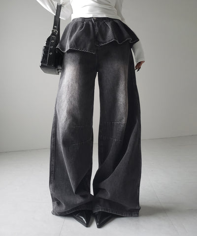 【 ２color ／ ４size 】フリルドッキングレイヤードヴィンテージワイドデニム ／ frll docking layered vintage wide denim