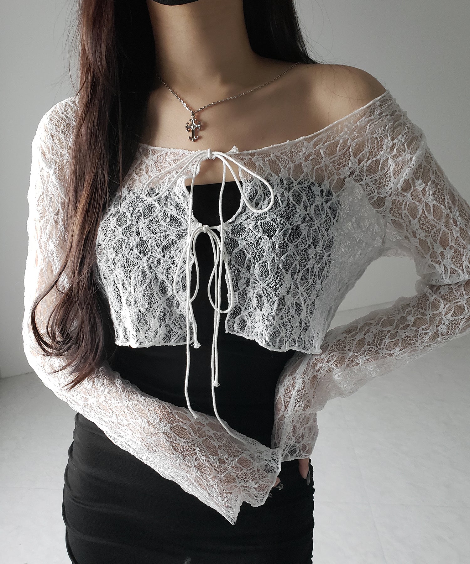 【 ２color 】ダブルストラップリボンショートレースカーディガン ／double strap ribbon short lace cardigan