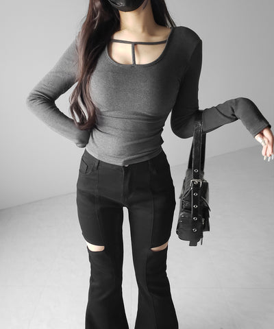 【 裏起毛 】カットアウトストラップスリムカットソートップス ／ cutout strap slim cutsew tops