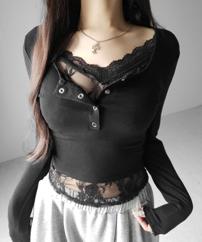 【 人気アイテムの長袖verが新登場！ 】レースレイヤードヘンリーネックスクエア長袖Ｔシャツ ／ lace layered henley neck square long sleeve T-shirt