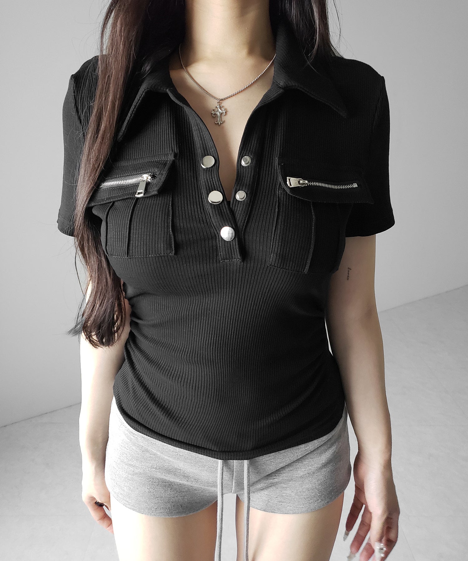 アウトポケットポロネックリブカットソートップス ／ out pocket polo neck rib cutsew tops
