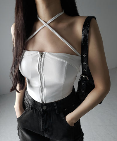 【 ２WAY／ カップ付 】ジップアップクロスストラップリボンベアトップス ／ zip up cross strap ribbon bare tops