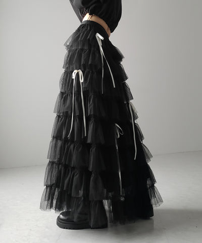 【 ４color 】ストラップリボンバレエコアチュールスカート ／strap ribbon ballet core tulle skirt