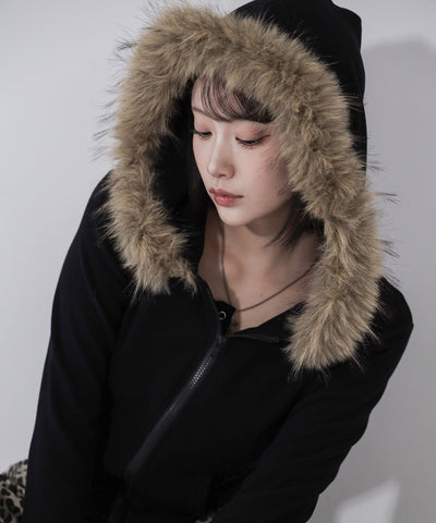フェイクファーフーディジップアップパーカー ／ fake fur hooded zipup hoodie