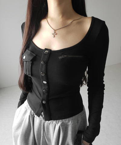 アウトポケットスクエアネック長袖スリムTシャツ ／Out pocket square neck long sleeve slim T-shirt