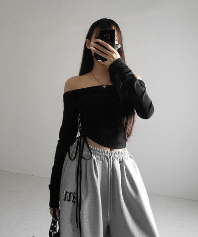シャーリングリボンショートオフショルカットソートップス ／ shirring ribbon short off shoulder cutsew tops