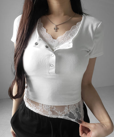 レースレイヤードヘンリーネックスクエア半袖Ｔシャツ ／ lace layered henley neck square short sleeve T-shirt